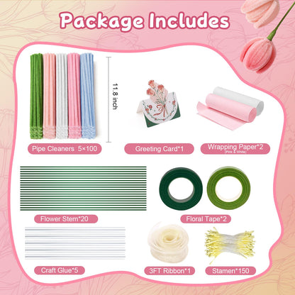 Qiorgar 680 PCS Pipe Cleaner Flower Crafts Kit – 5 Colors Bulk Pipe Cleaners for DIY Pink Flowers, All in One Chenille Stems Art and Craft Supplies for Gift