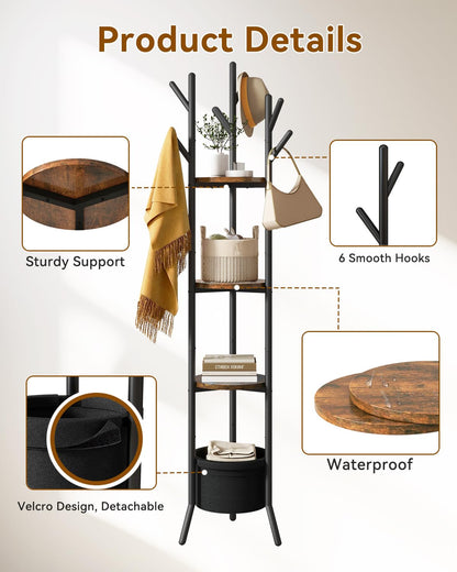 YMYNY Coat Rack, Freestanding Coat Stand with Storage Shelves, Hall Trees with 3 Wooden Shelves and 1 Fabric Basket, Metal Clothes Stand for Hats Bags Hallway Bedroom Rustic Brown UHGR005H