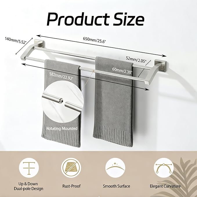 Alise Double Towel Bar, 24 Inch Towel Rack for Bathroom Wall Mounted, SUS304 Stainless Steel Bathroom Towel Holder Joining Process Towel Rail for Bathroom, Brushed Nickel