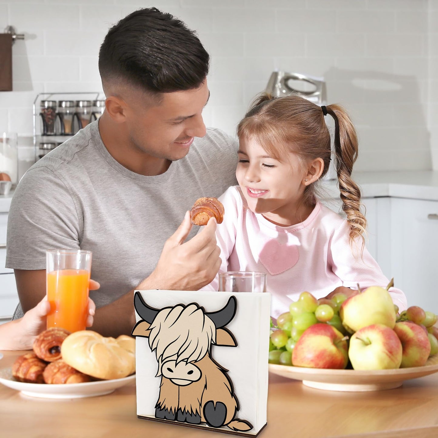 FYSUIMU 2 Pcs Wooden Highland Cow Napkin Holder Standing Brown Wooden Paper Holder Napkin Tissue Dispenser for Dining Room Cocktail Kitchen Table Countertop Decor