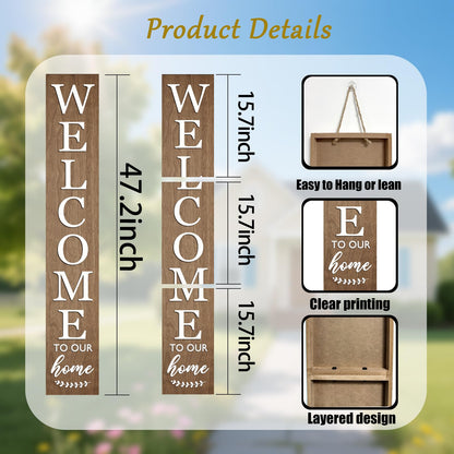 Vertical Wood Welcome Sign for Front Porch Vertical Decorative Sign Front Door Outdoor Indoor Welcome Sign 47.2x7.8 Inch Large Farmhouse Style(brown)