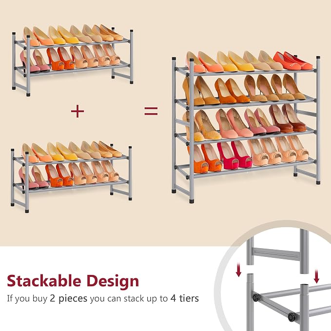 Tajsoon 2 Tier Expandable Shoe Rack for Closet, 28“-41“Adjustable & Stackable Shoe Shelf Storage, Metal Shoe Rack Organizer for Front Door Entrance, Closet, Garage, Entryway, Grey