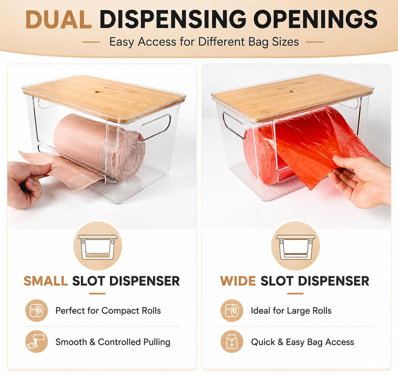 COZYCRAZE Stackable Trash Bag Dispenser with Wooden Top for Holding 13/30/33-Gallon Large Bag Sizes – Extra-Large Garbage Bag Holder with Anti-Slip Base, Trash Bag Dispenser Under Sink (11.5"x7.5"x7")