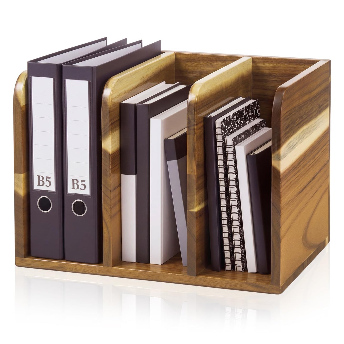 Novabright Acacia Wood File Magazine Holder Desk Organizer, 3 Vertical Compartments Workspace Sorters for Magazines, Binders, Notebooks, Envelopes