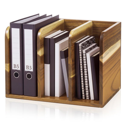 Novabright Acacia Wood File Magazine Holder Desk Organizer, 3 Vertical Compartments Workspace Sorters for Magazines, Binders, Notebooks, Envelopes