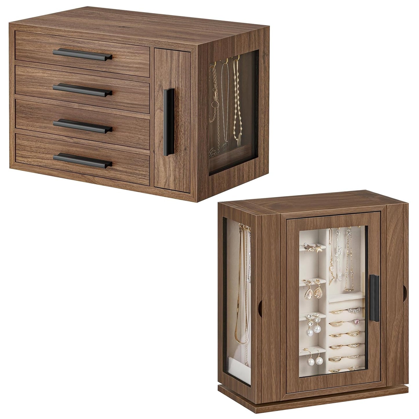 HOOBRO Jewelry Box for Women, Wooden Jewelry Organizer with Transparent Window and 360° Rotating Jewelry Box, Wooden Jewelry Organizer Bundle, BH09JB04-BH30JB04