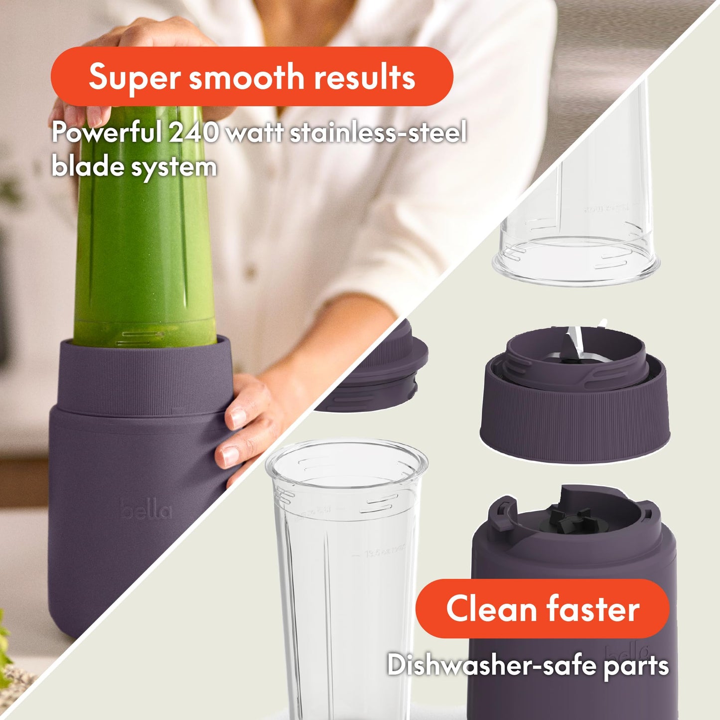bella 6 Pcs Portable Rocket Blender, Juicer & Smoothie Maker, Press & Twist Design, EverGood™ & BPA Free Dishwasher Safe Parts, 4 Tip Stainless Steel Blade, Cord Wrap, 240 Watt Motor, Oatmilk
