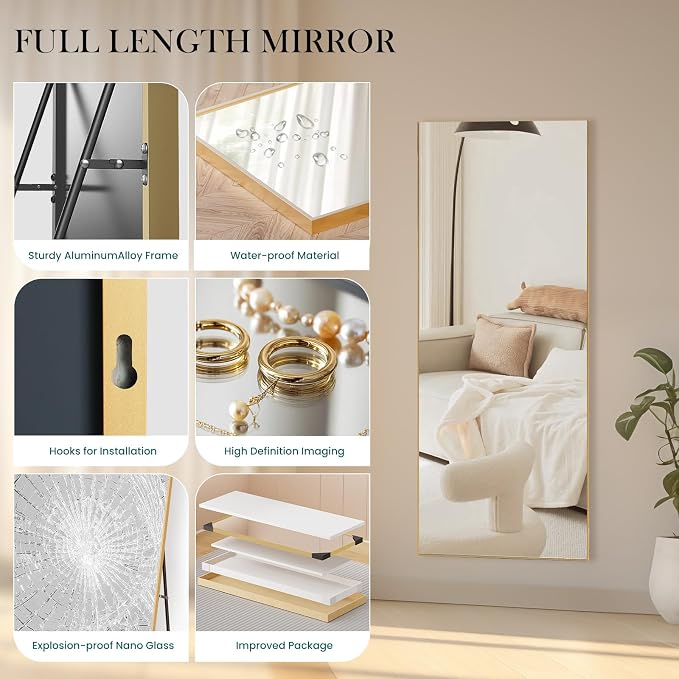 NEWBULIG Mirror Full Length, 64"x21" Body Wall Mirrors with Shatter-Proof Glass, Upgraded Floor Standing Mirror, Hanging or Leaning, with Stand Aluminum Alloy Frame for Home Decor, Bedroom, Gold