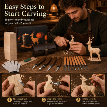 26Pcs Deluxe Wood Carving Kit, Whittling Knife Set with Leather Storage Case, Basswood Blocks & Safety Gloves, Woodworking Tools for Beginners Adults Kids, DIY Craft Gift for Men Teens