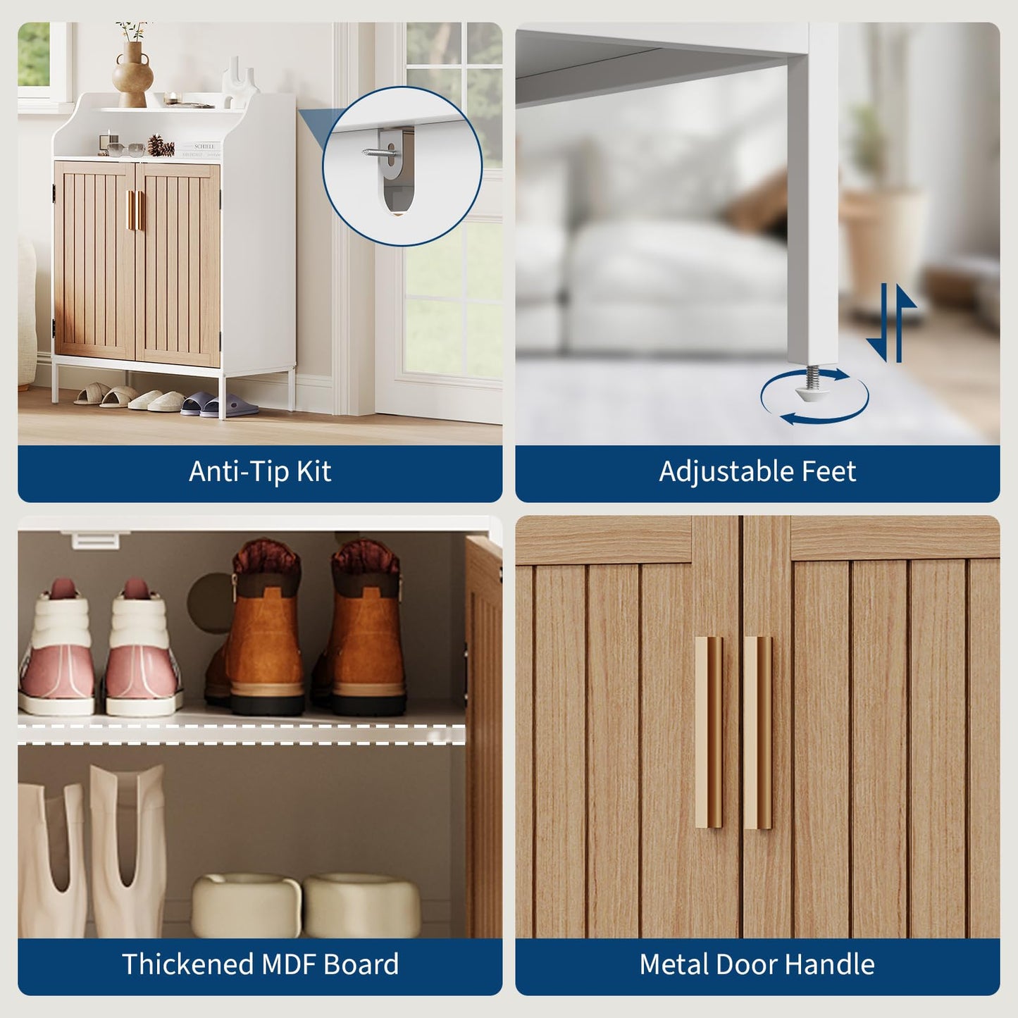 GAOMON Modern Shoe Storage Cabinet – 4-Tier Wooden Organizer with 3 Adjustable Shelves, Freestanding Hallway Entryway Cabinet with Doors, Slim Design for Small Spaces