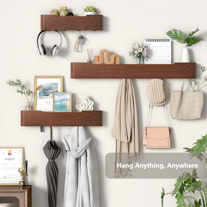 VERASCOT Wall Mounted Coat Rack with Shelf, Wooden Entryway Organizer with Hidden Metal Hooks for Hanging Coats Bags Keys, Modern Floating Shelf for Hallway Bathroom