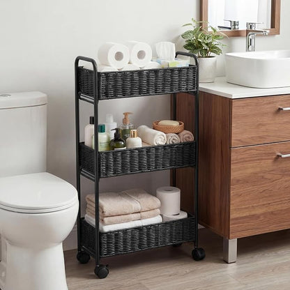 FOCHIER F Utility Slim Storage Cart,3-Tier Rolling Kitchen Office Laundry Room Cart,Mobile Shelving Unit Organizer for Living Room Bathroom Baby Diaper Narrow Places (Black, 3 Tiers-7.1 inch (W))