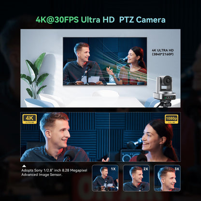 4K Conference Room Camera System, AI Auto-Tracking 4K PTZ Camera 3x Optical Zoom 92° Wide-Angle and Bluetooth Speakerphone 16.4FT Voice Pickup for Conferencing Worship Church Education Medical
