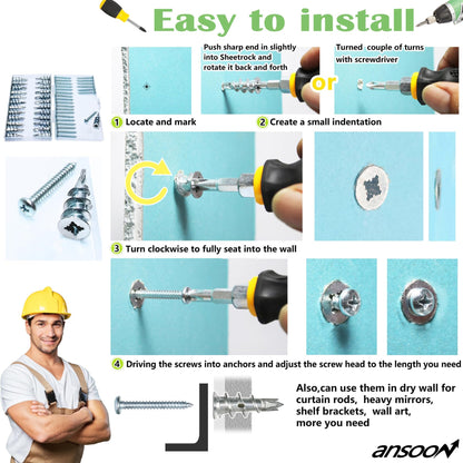Ansoon Zinc Self-Drilling Drywall Anchors with Screws Kit, 25 Heavy Duty Metal Wall Anchors and 25#8 x 1-1/4'' Screws - 50 Pieces All Together