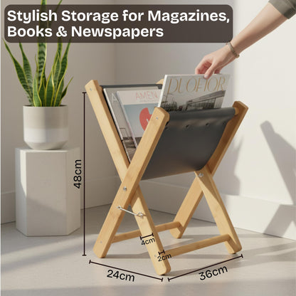 Craftilux Premium Leather Magazine Holder - Wooden Magazine Rack Floor Standing - Brochure Holder and Book Display Stand - Modern Magazine File Holder & Newspaper Rack for Home, Bathroom, Office Decor