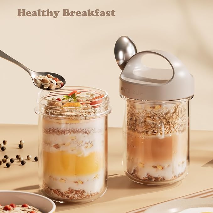 2Pack Overnight Oats Containers with Lids and Handle,14 oz Airtight Oatmeal Container,Mason Jars with Lid for Cereal,Milk,Fruit,Yogurt,On The Go Container,Salad Jars,Glass Jars (Grey)