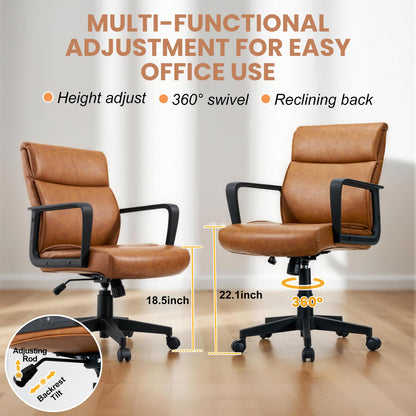 Artswish Brown Leather Office Chair, Mid-Back Ergonomic Computer Chair with Wheels Arms, 360° Swivel Adjustable Task Chair with Rolling Casters for Home Office, Bedroom, Study