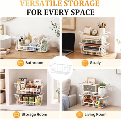 SUNALLY Stackable Storage Bins 6 Pcs Wire Baskets for Pantry Organizers and Storage, Vegetable Fruit Storage Basket for Countertop Organizer,Kitchen Storage Baskets for Onion Potato Snack,White