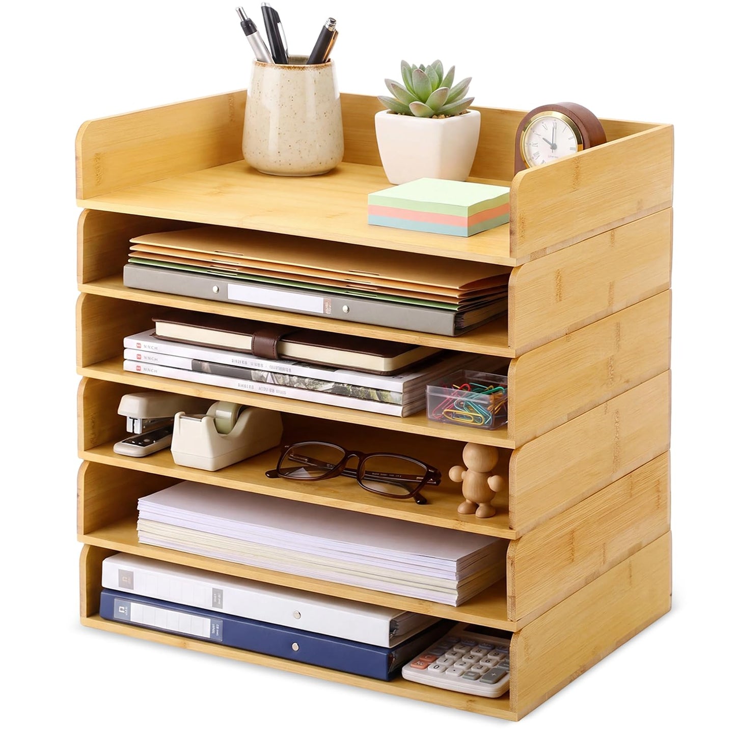 Novabright 6 Pcs Stackable Paper Organizer Tray Acacia Wood Desk Organizer Letter Tray Desktop Letter Size Office Wooden Desk Shelf Paper Holder Folder Organization Rack for File Document(Bamboo)