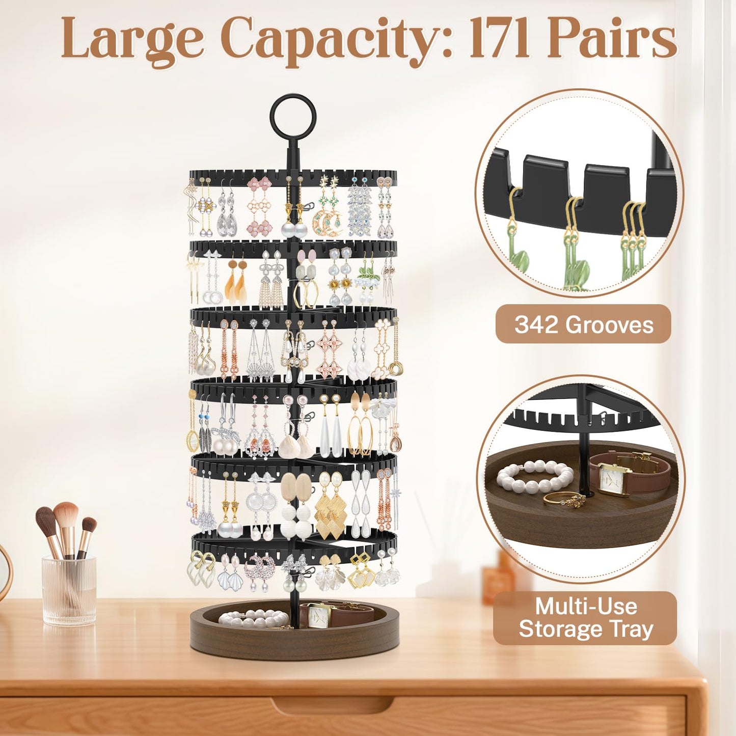 iDavosic.ly 6 Tier Rotating Earring Holder Organizer with Wooden Tray, Large Dangle Display Stands Tree with 342 Plastic Grooves, Adjustable Hoop Storage Rack, Space Saving Tower, Black & Brown