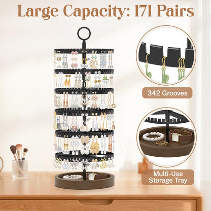 iDavosic.ly 6 Tier Rotating Earring Holder Organizer with Wooden Tray, Large Dangle Display Stands Tree with 342 Plastic Grooves, Adjustable Hoop Storage Rack, Space Saving Tower, Black & Brown