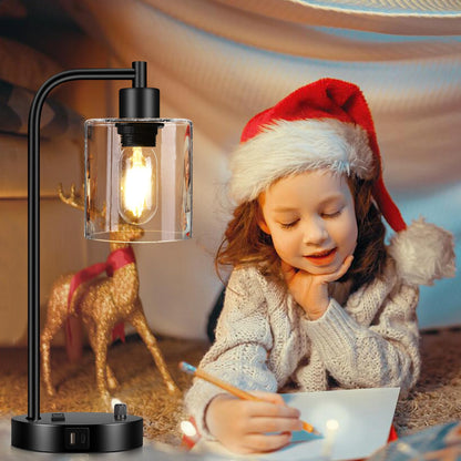 Set of 2 Industrial Table Lamps with USB C+A Ports and Outlet, Fully Stepless Dimmable Bedside Lamps for Bedrooms, Nightstand Desk Lamp with Glass Shade for Reading Living Room Office (Bulbs Included)