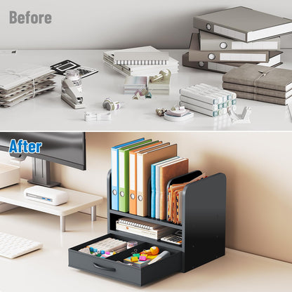 NiOffice Desk File Organizer for Home, Office, School, Wooden Frame Desktop Storage Solution for Office Supplies, Documents, Papers, Folders and Stationery, Space-Saving and Stylish Document Sorter