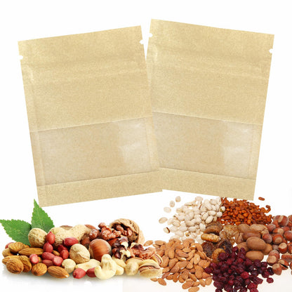 100pcs 100 Pack Clear Window Brown Kraft Paper for Zip Seed Packets Lock Food Storage Bags Zipper Envelopes Resealable Heat Seal Pouch Coffee Packet 3.5x5.1inch