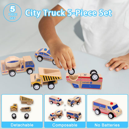 Udeas 5Pcs Premium Wooden Vehicle Toys for Toddlers 1-3 - Police Car, Garbage Truck, Dump Truck, Helicopter & Ambulance | Certified Safe, Montessori Toys, Push and Go Cars for 1+ Year Old Kids