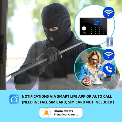 WiFi and 3/4G GSM Home Burglar Security Alarm System Auto Dial with Smart Life and Tuya App Alert, Works with Google Assistant and Alexa