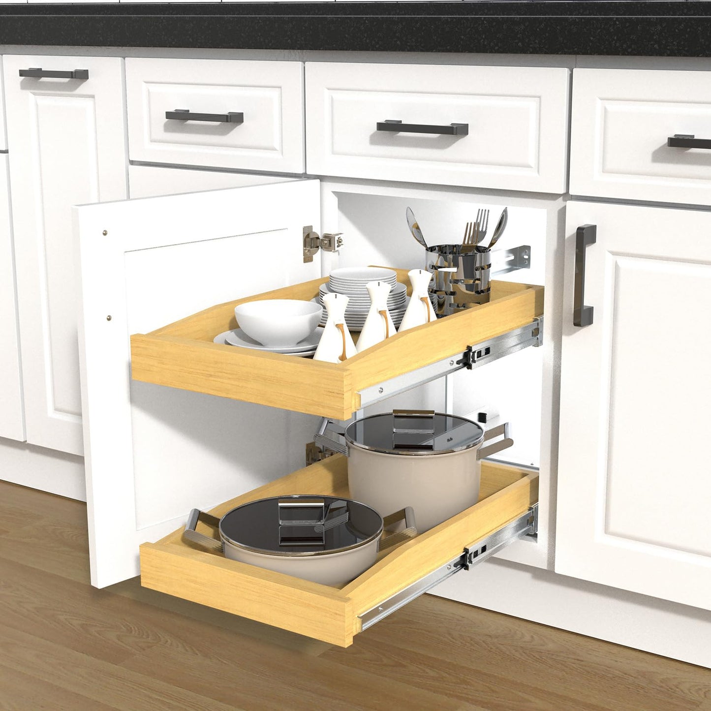 2 Tier Pull Out Cabinet Organizer, 17"W x 21"D Solid Wood Heavy-Duty Base Bottom Assembly Slide out Drawer Shel Cabinet Organization for Kitchen, Pantry, Bathroom