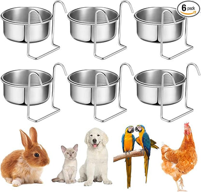 Layhit 6 Pcs 10 oz Kennel Pet Hanging Bowl Stainless Steel Coop Cup with Hanger None Spill Dog Crate Water Bowl Kennel Dog Rabbit Food Dish for Cage Cats Birds Chicken Reptiles