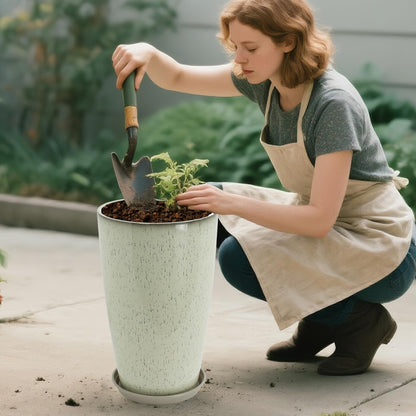 Neoaider Set of 2 Lightweight Ceramic-Look Tall Planter, 21 inch Large Plastic Planter with Drain Hole & Saucers, Large Outdoor Planters for Porch, Garden, Patio, Balcony(Drip Glaze)