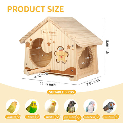 Wooden Bird House with Removable Wood Tray & Stainless Steel Mesh Bottom, DIY Paintable Birdhouse for Lovebirds Budgies Cockatiels Conures, Cozy Bird Nest Indoor Outdoor Use (Wood Tray + Steel Mesh)