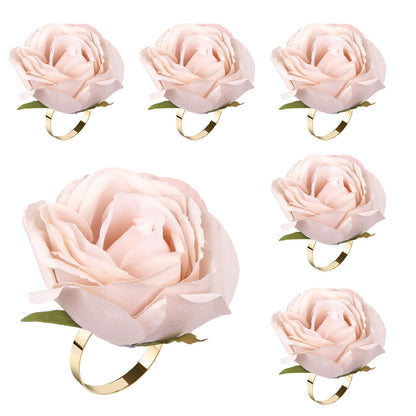 6 PCS Light Khaki Rose Napkin Rings for Wedding Anniversary, Artificial Rose Flower Napkin Rings with Gold Metal Holder Design for Valentine's Day Table Setting Party Supplies(Light Khaki Rose)