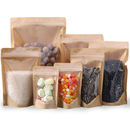 HIBCIGA 50pcs Kraft Bags With Window Clear Fornt Pouches Resealable Stand Up Zip Lock Food Storage Bags Brown 4.7"x7.8"