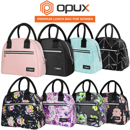 opux Insulated Lunch Box for Women, Reusable Lunch Bag Tote for Work, Girls, School, Soft Cooler Cute Lunchbox Thermal Meal Prep Organizer, Black