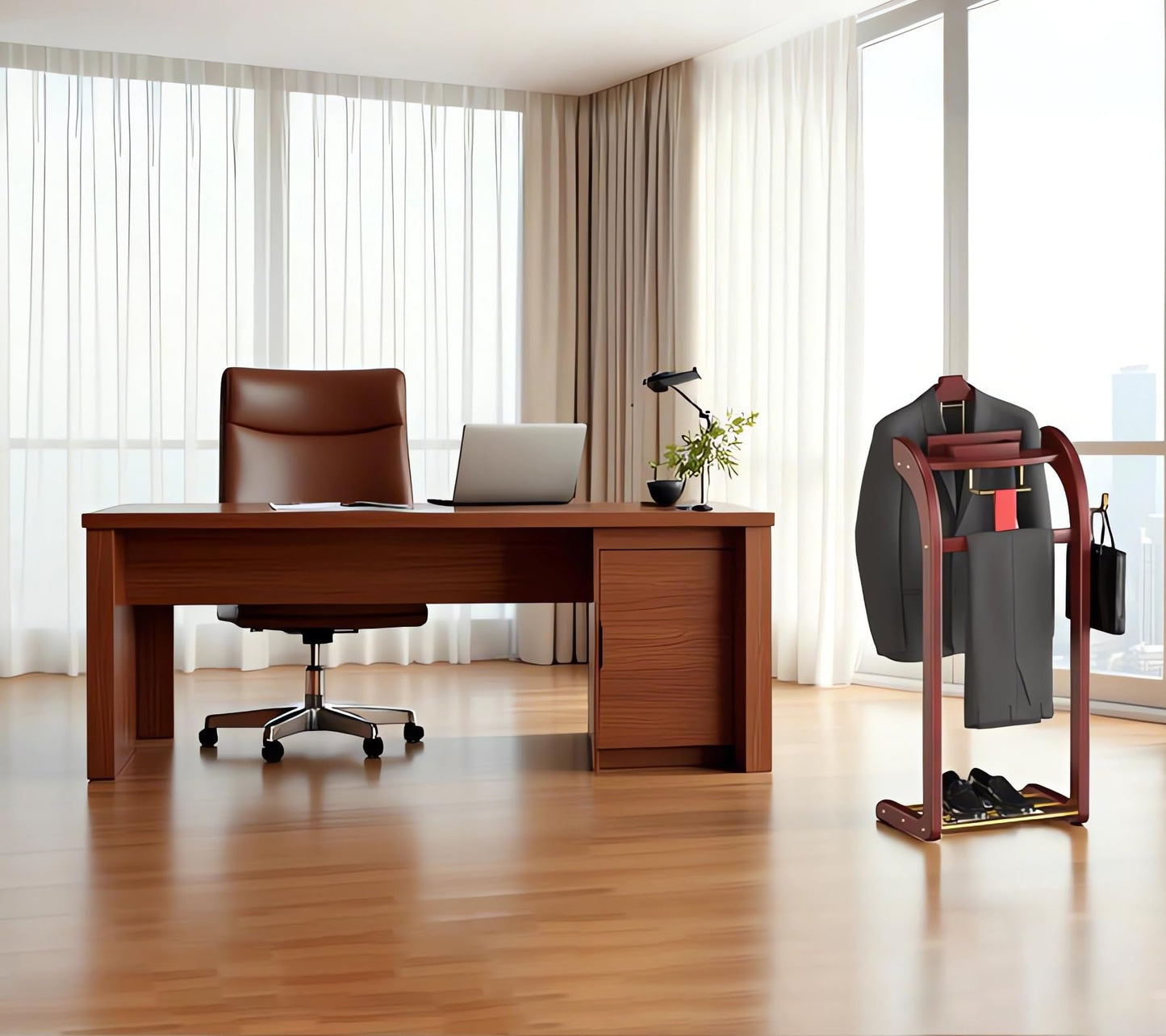 Dkjdssek Suit Valet Stand for Men, Wood Mens Valet Stand with Base, Contour Hanger, Tray, Trouser Bar and Tie Bar, Clothes Valet Stand for Bedroom Entryway Home Living Room Office (Reddish brown)