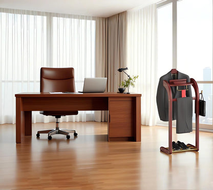 Dkjdssek Suit Valet Stand for Men, Wood Mens Valet Stand with Base, Contour Hanger, Tray, Trouser Bar and Tie Bar, Clothes Valet Stand for Bedroom Entryway Home Living Room Office (Reddish brown)