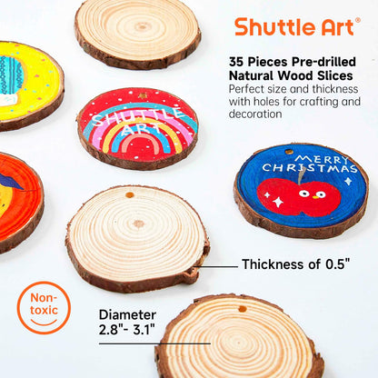 Wood Slices Kit, Shuttle Art 35 PCS Unfinished Natural Wood Slices with Pre-Drilled Hole, Acrylic Paint, Permanent Markers, Jute Twine, DIY Craft for Kids Adults Holiday Decoration Christmas Ornaments