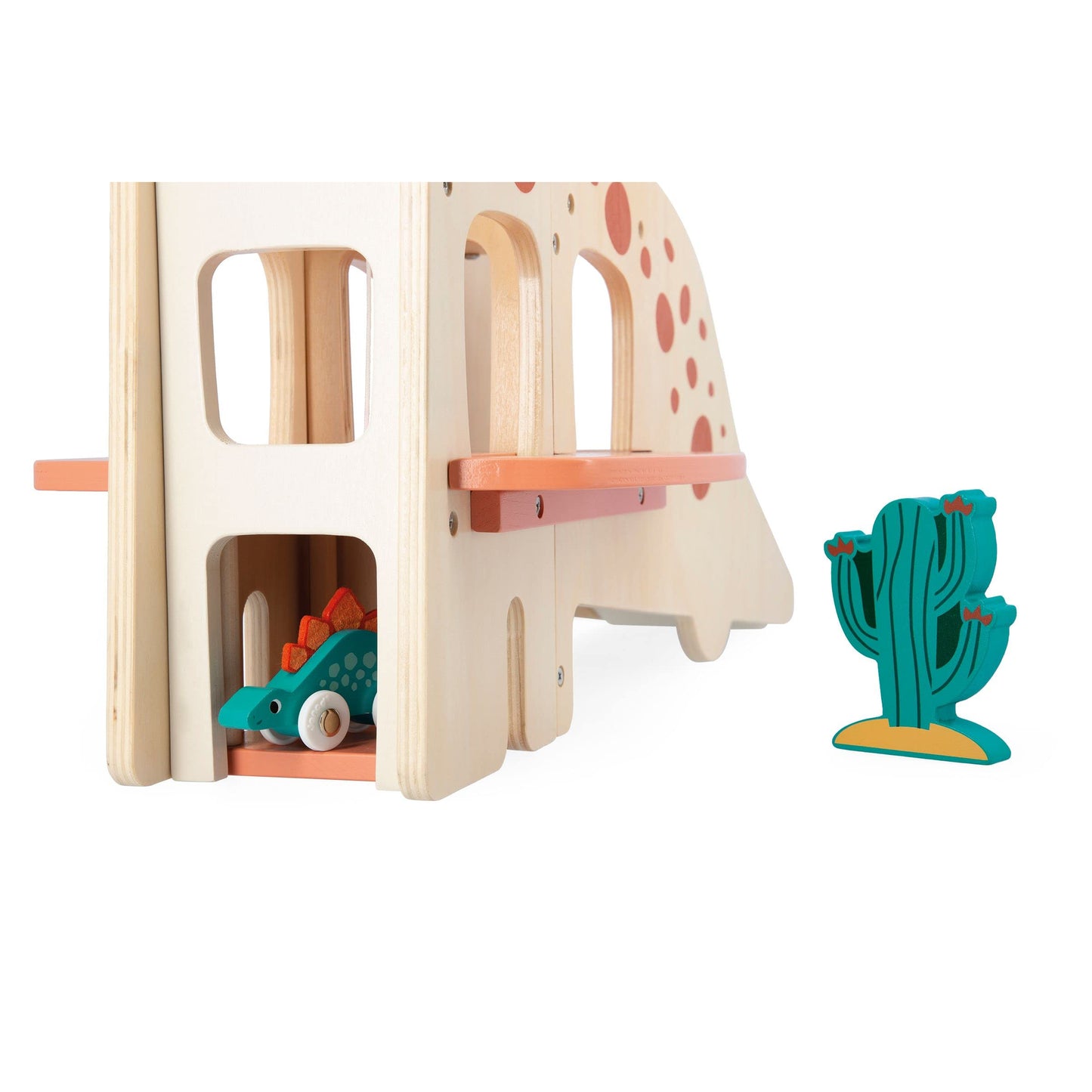 Janod - Dino Wooden Dinosaur Garage - Imaginative Play - Encourages Creativity and Storytelling - Enhances Motor Skills Design, Safe for Kids - Ages 2-6 Years - J05835