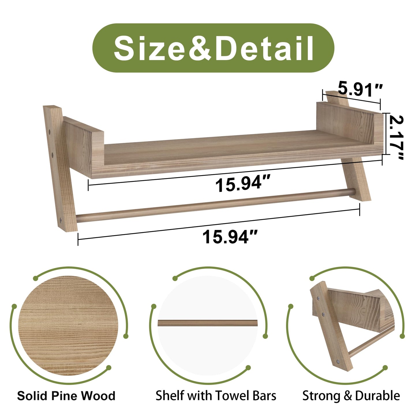 Sumbame Set of 2 Bathroom Shelves Over Toilet,U-Shaped Hanging Shelves for Wall with Towel Bar,Storage Room Shelves,Farmhouse Wooden Shelf for Bathroom,Kitchen,Living Room,Bedroom (Carbonized Black)