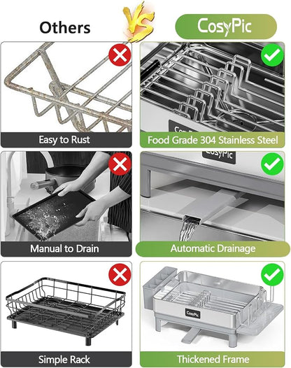 Dish Racks, Thicker Premium 304 Stainless Steel Dish Drying Rack for Kitchen Counter, Automatic Drainage Spout, Dish Drainer & Drainboard Set with Utensil Holder and Cup Holder, Grey