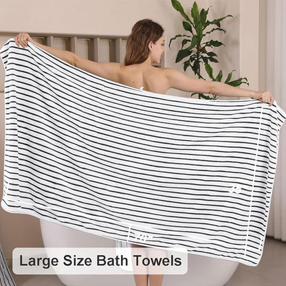 4 Pcs Black White Cabana Stripe Large Bath Towels 35"x70" Oversized Bath Sheet