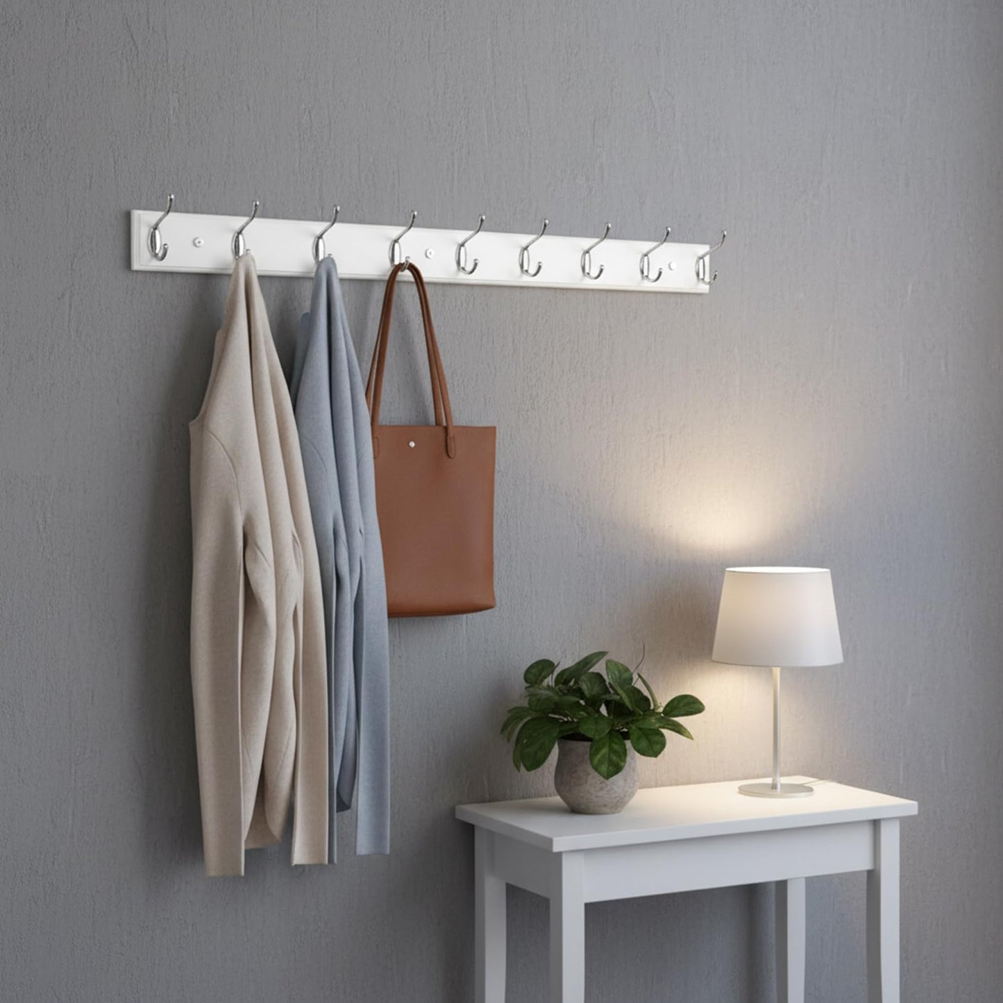 lomejii Wooden Wall Mounted Coat Rack – 31 Inch, White with 8 Silver Hooks for Entryway, Hallway, Bedroom