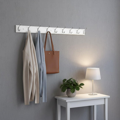 lomejii Wooden Wall Mounted Coat Rack – 31 Inch, White with 8 Silver Hooks for Entryway, Hallway, Bedroom