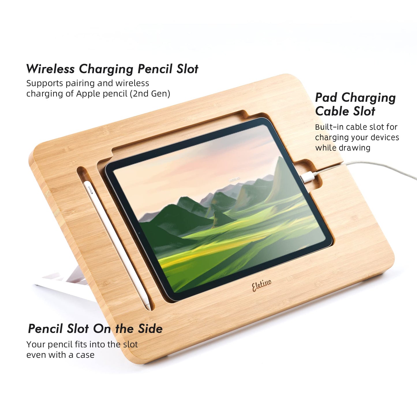 ELETIUO Adjustable Tablet Stand with Pencil&Charger Cable Slot,Bamboo Wooden Stand with Multiple Angles,Organizer Desktop Holder for Drawing,Compatible with ipads(Support to 9.7-11" Devices)