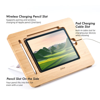 ELETIUO Adjustable Tablet Stand with Pencil&Charger Cable Slot,Bamboo Wooden Stand with Multiple Angles,Organizer Desktop Holder for Drawing,Compatible with ipads(Support to 9.7-11" Devices)