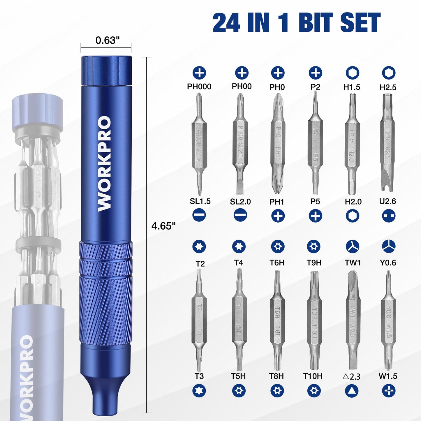 WORKPRO 24-in-1 Precision Screwdriver Sets, Pen Style Manual Screw driver, 24 pcs Tough S2 Steel Small Screwdriver Bits, Ideal for Eyeglass, Watch, Laptop, Phone, Jewelry and Electronic, Blue