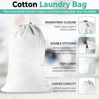 2 Pack - Extra Large Cotton Laundry Bag, Heavy Duty Large Laundry Bags 24 x 36
